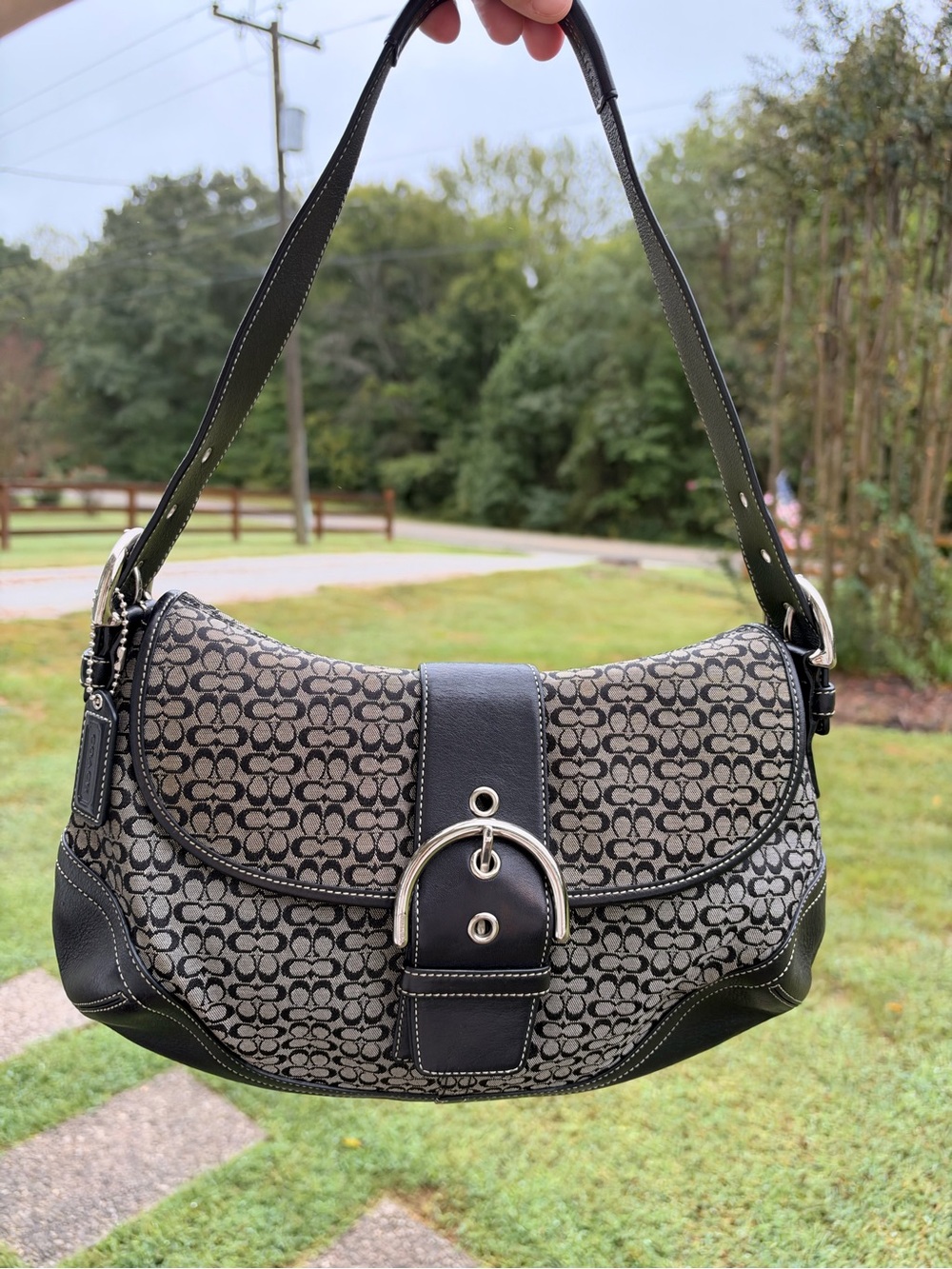 Coach Black and Gray Signature Canvas Shoulder Bag with Buckle Accent